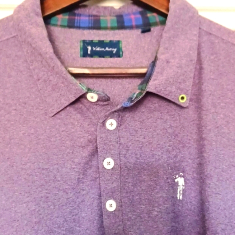 William Murray Tan SS Polo Golf Shirt Logo Tartan Plaid Accent EUC Classic